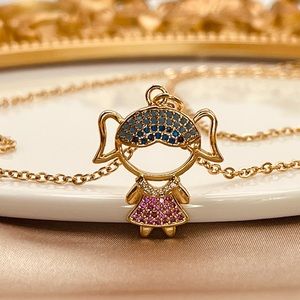 18K Gold-Titanium Pave CZ Girl Charm Dainty Chain Necklace Mother’s Day Gift